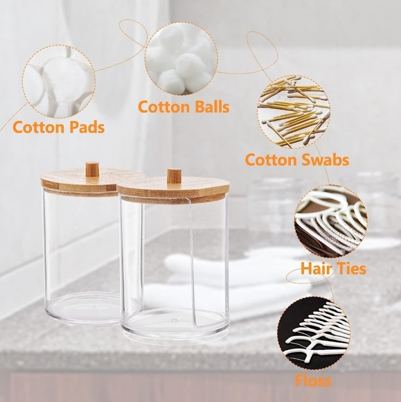 4 Pack Acrylic Qtip Holder Dispenser with Bamboo Lid + Bamboo Vanity Tray - Picture 2 of 6
